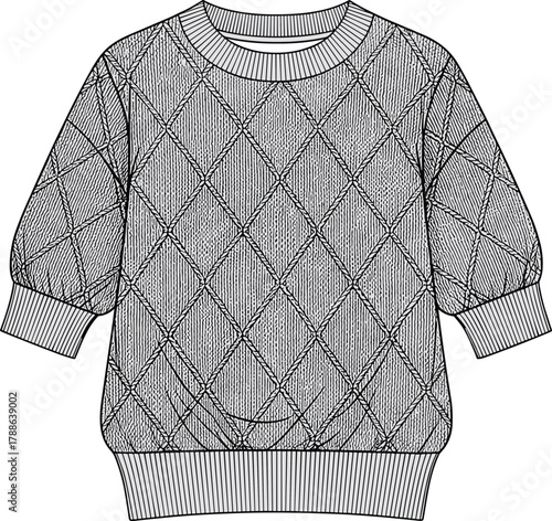 Quilted sweater vector illustration, puff sleeve knitwear design, diamond pattern garment sketch, ribbed neckline and hem, fashion technical drawing template