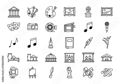 Arts and culture vector icon set collection. Thin line symbols for museum, gallery, painting, music, theatre, and creative hobbies