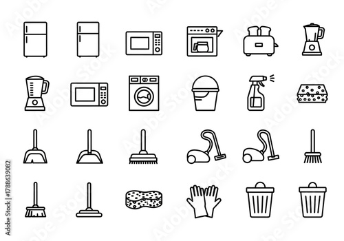 A collection of outline icons representing various kitchen appliances and essential cleaning equipment for household maintenance tasks
