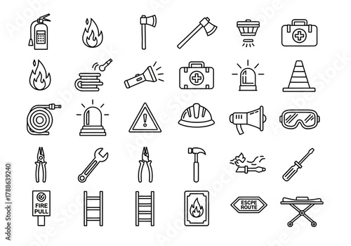 Fire safety and emergency services line icon set with firefighter tools, rescue equipment, and warning signs. erty (123)
