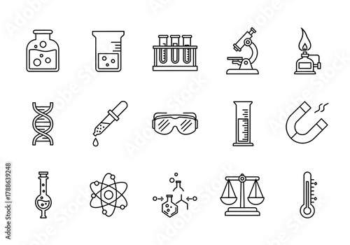 Science and chemistry research icon set. Outline symbols of laboratory equipment for scientific experiments and education