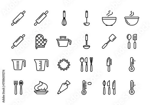 A simple line icon set of various baking and cooking utensils. Vector collection of essential kitchen tools for culinary graphic design and web elements