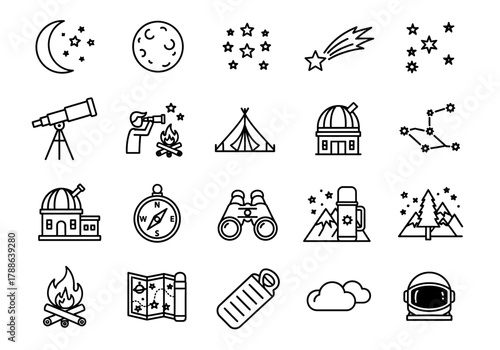 A collection of line art icons for astronomy and camping. Vector symbols of stargazing, telescope, night sky, and outdoor adventure