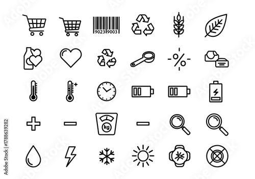 A comprehensive collection of outline icons for user interfaces, including symbols for e-commerce, weather, health, and ecology