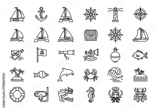 Nautical and marine life icon set in a thin line style. Vector collection includes sailboat, anchor, pirate treasure, and sea animal symbols