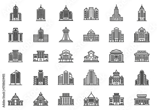 Vector icon set of city buildings and real estate property. Collection of line art symbols representing modern and classic urban architecture for business and government