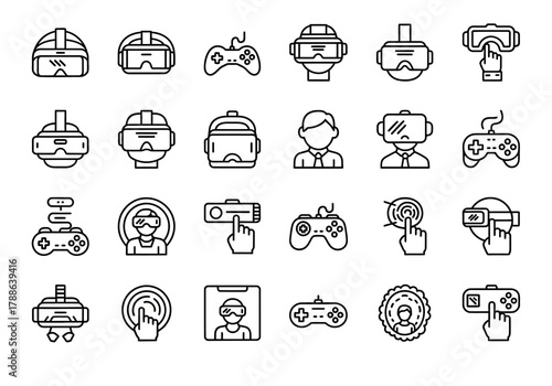 VR technology icon pack with headset, goggles, and gamepad controllers. Simple line art symbols for virtual and augmented reality concepts
