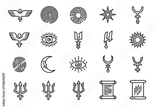 Linear icons of ancient mythological and esoteric symbols including labyrinth, trident, all-seeing eye, and sacred geometry