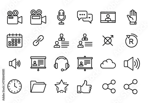 Universal linear icon set for business communication and web interface. Includes video conference, presentation, and share symbols. Outline vector collection