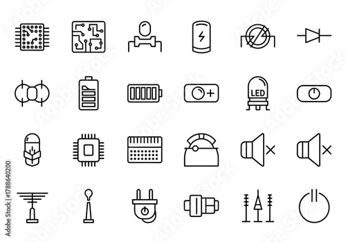 A detailed collection of electronic component line icons. Vector illustrations representing technology hardware, circuits, and electrical engineering symbols