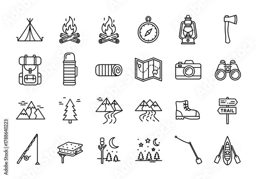 Collection of camping and hiking line icons for outdoor adventure. A set of travel and recreation symbols. Vector graphic illustration
