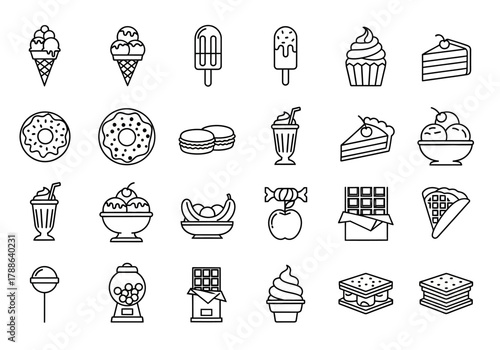 A comprehensive line icon set of various sweet desserts and confectionery treats, including ice cream, cake, and donuts for graphic design