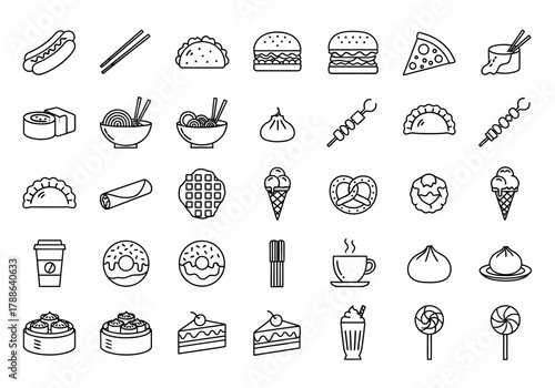 A comprehensive collection of food and drink line icons, featuring international dishes, fast food, and desserts for graphic design