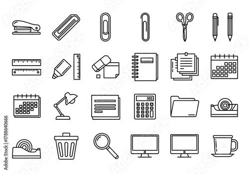 A comprehensive collection of office supplies and stationery essentials depicted in a clean line art style for business and workspace themes