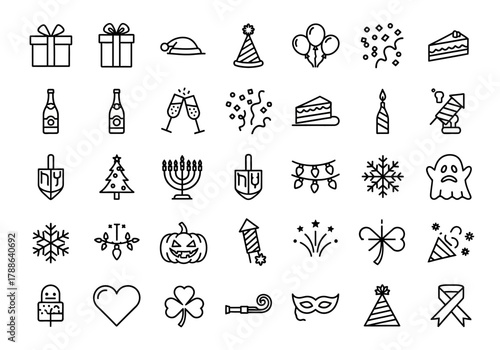 Holiday and party celebration line icon set. A versatile vector collection of festive symbols for various occasions like Christmas, New Year, and Halloween