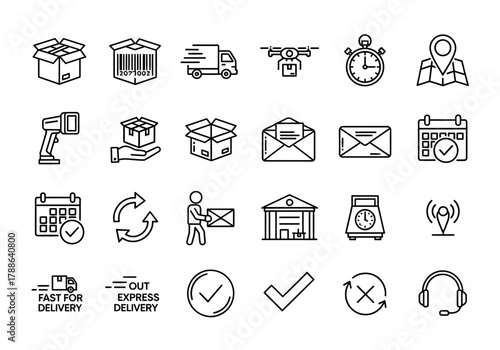Logistics and delivery service line icon set featuring shipping, warehouse storage, package tracking, and e-commerce symbols