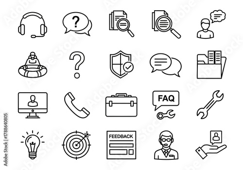 Set of business communication and customer support line icons. Vector symbols for help desk, FAQ, technical assistance, and online service property