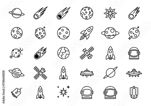 A detailed collection of space and astronomy line art icons featuring planets, rockets, and astronauts. Simple vector graphic elements for science projects