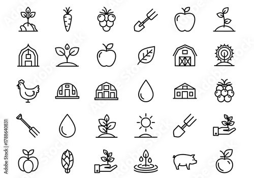 Farm and agriculture outline icon collection. A linear symbol set representing organic food, nature, and rural harvest concepts