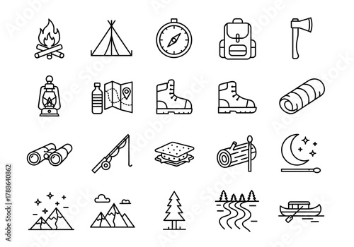 Outdoor adventure and camping line icon set. A collection of simple symbols for hiking, travel, and nature exploration, including bonfire, tent, and compass
