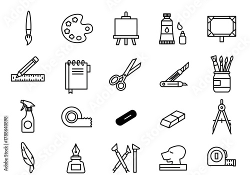 Creative line icon collection of artist tools, school supplies, and stationery objects. Vector graphic elements for art and design projects
