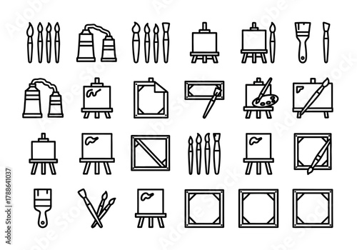 Painting tools and artist equipment icon set. Vector linear outline symbols for art, canvas, easel, and paintbrush