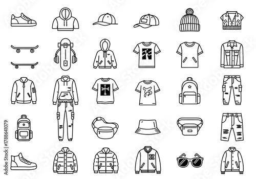 Set of urban streetwear fashion line icons. Vector outline symbols collection with clothes, accessories, and youth culture items for design projects