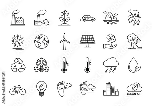 Comprehensive set of thin line icons representing ecology, environmental issues, and green energy solutions. Vector symbols for climate change and sustainability