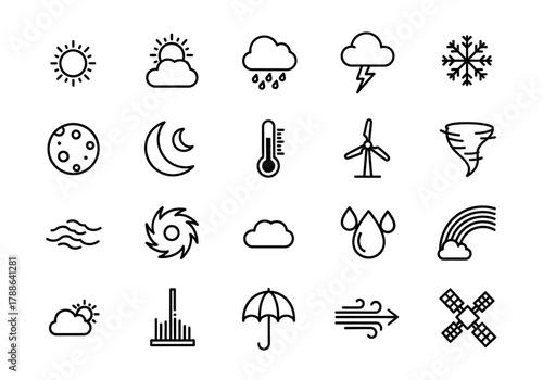 A comprehensive collection of meteorology and climate forecast icons. Simple outline vector symbols representing sun, storm, wind, and temperature for graphic design