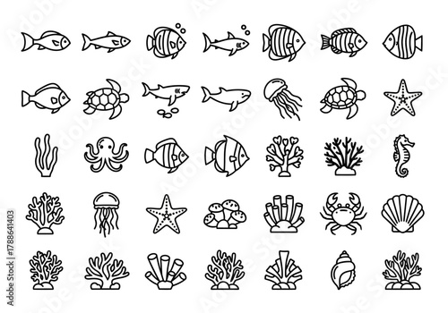 A collection of marine life line icons featuring various sea animals and aquatic plants. This simple outline icon set includes fish, octopus, turtle, and coral illustrations