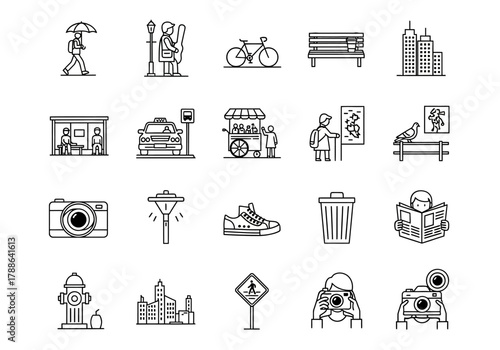 Collection of twenty linear icons depicting city life and street photography themes. Urban elements and daily activities symbols set 235