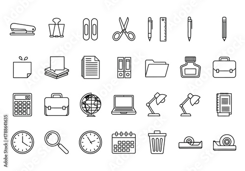 A versatile collection of office and business line icons, featuring essential stationery and equipment for modern design projects and infographics