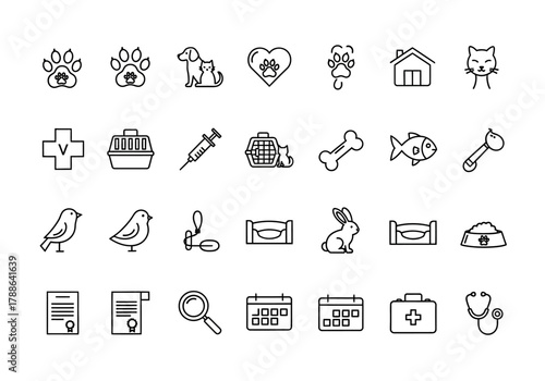 A set of thin line icons for veterinary medicine and pet care services. This collection includes symbols for animals, clinics, and health on an isolated background erty (238).eps