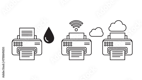 a clean and minimalist vector graphic depicting printers a droplet wifi signal and clouds ideal for technology illustrations on transparent background silhouette high quality professional detailed