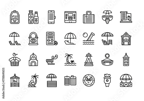 Summer vacation and travel adventure icon collection. Simple line art symbols for tourism, beach holidays, and journey elements
