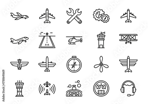 A comprehensive set of twenty aviation property line icons. Includes airplane, helicopter, airport, and flight control vector symbols