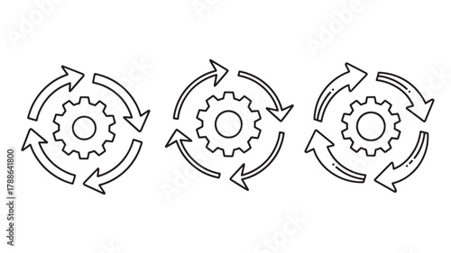this image displays three circular gear icons with arrows indicating rotation a simple line art style perfect for process visuals on transparent background silhouette high quality