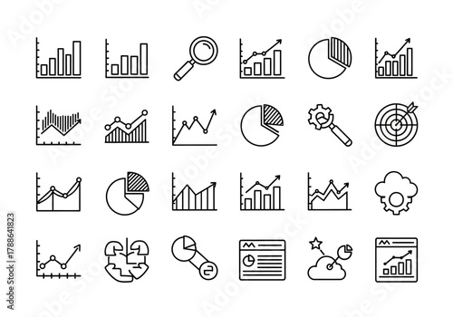 A collection of data analysis and business statistics line icons. Set of charts, graphs, and infographic vector elements for reporting