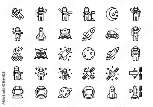 Set of space and astronaut outline icons. A collection of vector line art symbols for science, technology, and astronomy themes, including rockets, planets, and satellites
