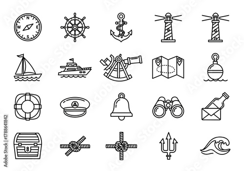 Set of nautical line icons. Marine and sailing symbols collection including anchor, ship wheel, compass, and lighthouse. Vector maritime elements