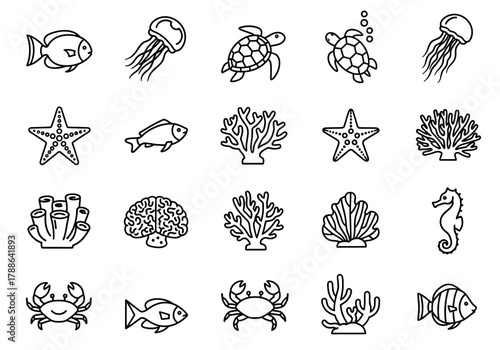 Marine animals and underwater life line icon set. A vector collection of aquatic creatures including fish, crab, turtle, and coral symbols