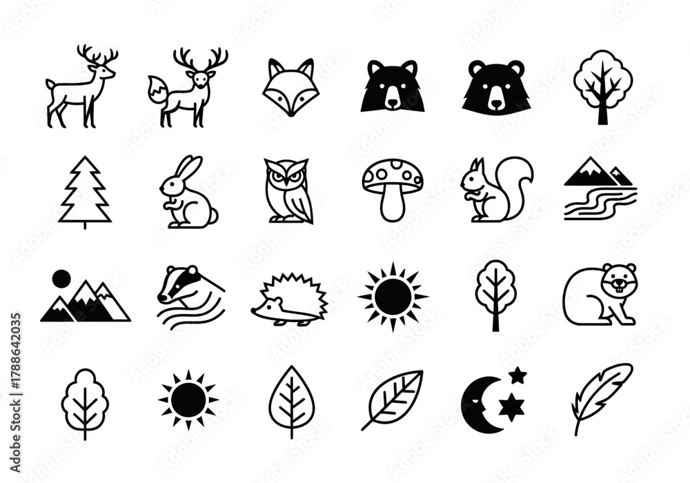 Fototapeta premium Set of minimalist forest nature icons. Vector line art symbols of woodland animals, plants, and natural elements like deer, bear, and fox