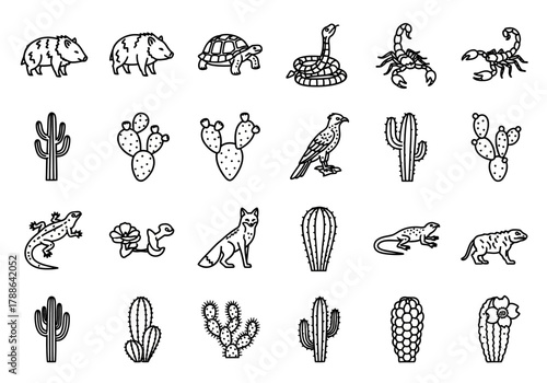 A comprehensive set of desert ecosystem line art icons featuring wildlife and various cacti. Monochrome vector symbols for nature and travel design concepts