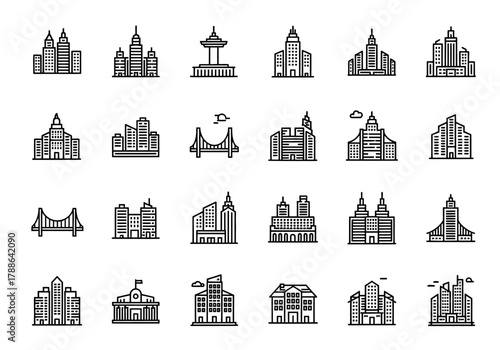 Set of urban architecture and city landmark line icons. A collection of building symbols including skyscrapers and bridges for graphic design