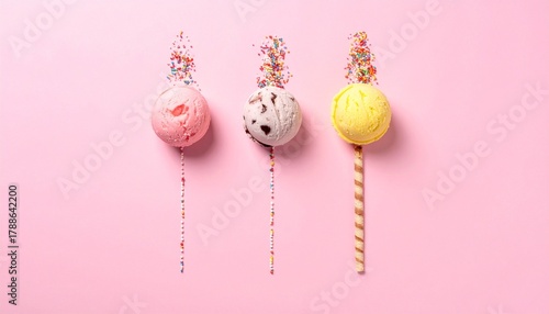 Three scoops of ice cream with sprinkles on sticks arranged vertically against pastel pink background