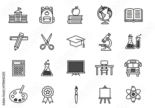A collection of school and education line icons representing academic subjects, learning tools, and student life essentials in a vector format