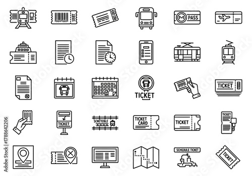 A comprehensive set of public transport and travel ticket line icons. Vector symbols for booking, passes, and admission for web and mobile applications