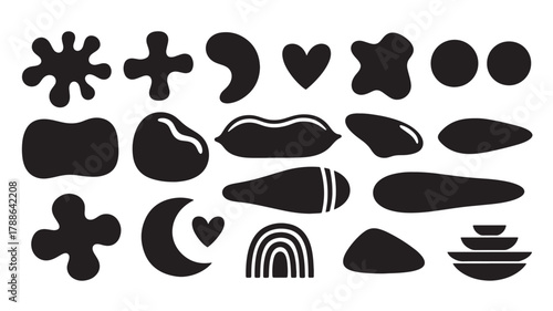 a collection of abstract black shapes including stars hearts crescents and blobs presented in a stylistic arrangement on transparent background silhouette high quality professional detailed modern