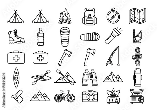 Vector set of thin line icons for camping, hiking, and outdoor recreation. A collection of essential equipment symbols for travel and adventure tourism