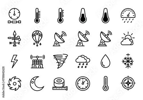 A comprehensive set of weather and meteorology line icons. Vector symbols for forecast, climate, and atmospheric conditions